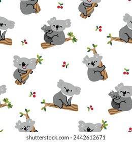 Seamless Pattern with Cute Cartoon Koala Bear Design on White Background