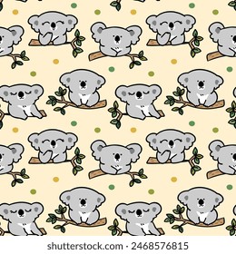 Seamless Pattern with Cute Cartoon Koala Bear Design on Light Yellow Background