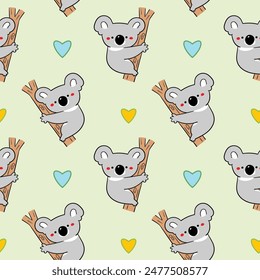 Seamless Pattern with Cute Cartoon Koala Bear and Heart Design on Light Green Background