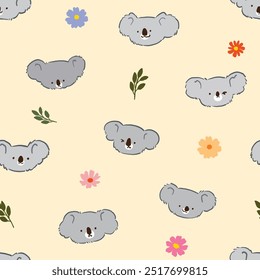 Padrão sem emenda do desenho animado bonitinho Koala Face Design no fundo amarelo claro com flores e folha