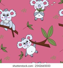 Patrón sin fisuras con lindo Koala de dibujos animados y rama de árbol sobre fondo rosa. Patrón sin fisuras del bebé para envolver el papel, impresiones de la tela y postales.