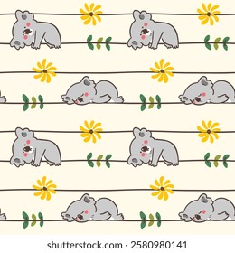 Seamless Pattern with Cute Cartoon Koala Bear, Flower, Leaf and Line Design on Light Yellow Background. Hand Drawn Vector Illustration. Not AI Generated.