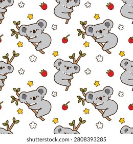 Seamless Pattern with Cute Cartoon Koala Bear Design on White Background. Hand Drawn Vector Illustration. Not AI Generated.