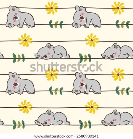 Seamless Pattern with Cute Cartoon Koala Bear, Flower, Leaf and Line Design on Light Yellow Background. Hand Drawn Vector Illustration. Not AI Generated.