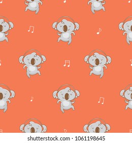 Seamless pattern  with cute cartoon koalas  listening to music in earphones on red background. Vector contour  image. Little funny baby animal. Children's illustration.
