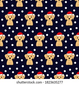 Seamless pattern with cute cartoon Labrador. Christmas pattern. Vector illustration.