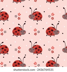 Seamless pattern with cute cartoon ladybug, flower and polka dot on pink background