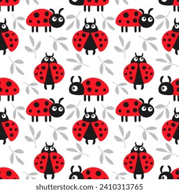Patrón sin foco, lindos ladybugs de dibujos animados sobre un fondo blanco. Fondo del bebé, impresión, textil, vector