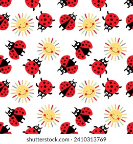 Seamless pattern, cute cartoon ladybugs on a white background. Baby background, print, textile, vector