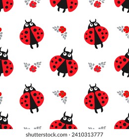 Seamless pattern, cute cartoon ladybugs on a white background. Baby background, print, textile, vector