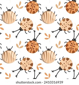Seamless pattern, cute cartoon ladybugs and beetles on a gentle background. Baby background, print, textile, vector