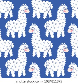 Seamless pattern with cute cartoon lama alpaca vector illustration