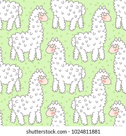 Seamless pattern with cute cartoon lama alpaca vector illustration