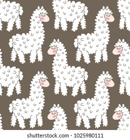 Seamless pattern with cute cartoon lama alpaca vector illustration
