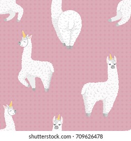 seamless pattern with cute cartoon lama alpaca with unicorn horn.polka dot seamless background.Vector Illustration.unique design for cards, posters,t-shirts,invitations. wrapping paper design