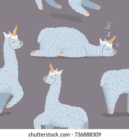 seamless pattern with cute cartoon lama alpaca with unicorn horn and gold glitter texture.Vector Illustration.unique design for cards, posters,t-shirts,invitations. wrapping paper design