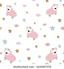 Seamless pattern With cute cartoon lamb background with pastel colors Used to design children clothing, textiles, wrapping paper Vector illustration