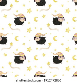 Seamless pattern with cute cartoon lambs and stars on a white background