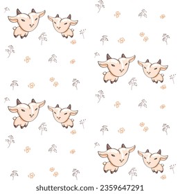 Patrón sin foco con lindos corderos de dibujos animados sobre fondo blanco. Ilustración vectorial.