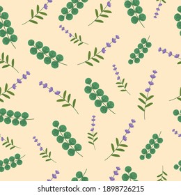 Patrón sin foco con lindas flores y hojas de lavanda de dibujos animados. Tinta para decorar afiches, textiles, bolsas, cubiertas, tazas de papel