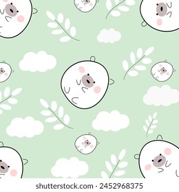 seamless pattern with cute cartoon, leaves and cloud. Perfect for fabric, textile. Vector illustration