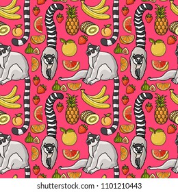 Seamless pattern with cute cartoon lemur, tropi?al fruit, banana, pineapple isolated on pink. Vector illustration.  Exotic nature background. Flat design. Funny african jungle texture.