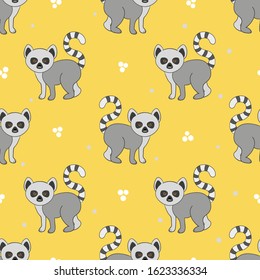 Seamless pattern with cute cartoon lemurs on yellow background.