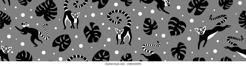 Seamless pattern with cute cartoon lemurs and monstera leaves. Tropical background. Vector illustration.