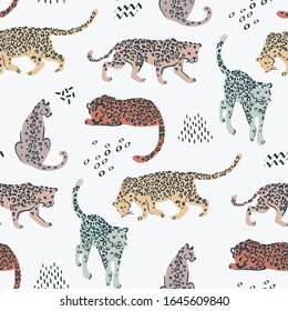 Seamless pattern with cute cartoon leopards on the white background. Trendy style. Trendy style. ector illustration