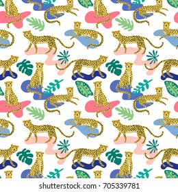 Seamless Pattern Cute Cartoon Leopards Tropical Stock Vector (Royalty ...