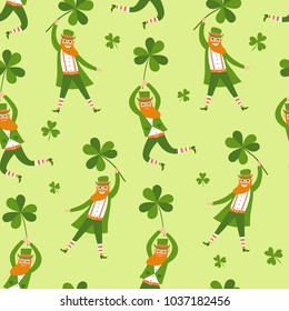 Seamless pattern with cute cartoon leprechauns flying on shamrock. St. Patrick's Day illustration.