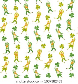 Seamless pattern with cute cartoon leprechauns flying on shamrock. St. Patrick's Day illustration.