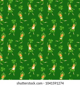 Seamless pattern with cute cartoon leprechauns flying on shamrock. St. Patrick's Day illustration.