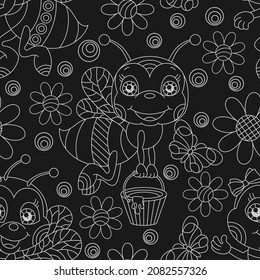 Seamless pattern with cute cartoon light contour bees, flowers and honeycombs, an insect on a dark background