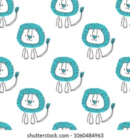 Seamless pattern with cute cartoon lion. Vector illustration.