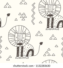 Seamless pattern with cute cartoon lion. Vector texture in doodle style great for fabric and textile, wallpapers, backgrounds. Scandinavian style.