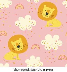 Seamless pattern with cute cartoon lion, clouds and colored rain on a pink background.