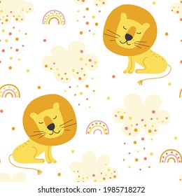 Seamless pattern with cute cartoon lion and clouds.