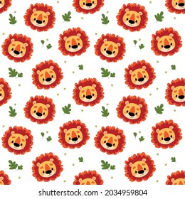 Seamless pattern with cute cartoon lion cubs on a white background. Vector illustration in minimalistic flat style, hand drawing. Heads of funny red lions. Children s print for textiles, print design