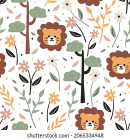 Seamless pattern with cute cartoon lion and plant for fabric print, textile, gift wrapping paper. colorful vector for textile, flat style