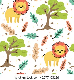 Seamless pattern with cute cartoon lion and tree. for fabric print and textile, kids wallpaper, gift wrapping paper