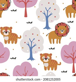 seamless pattern cute cartoon lion, tiger and tree. for fabric print, gift wrapping paper, kids wallpaper