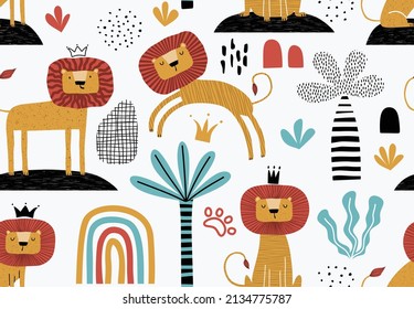 	
Seamless pattern with cute cartoon lion.
