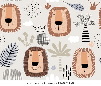 Seamless Pattern With Cute Cartoon Lion.