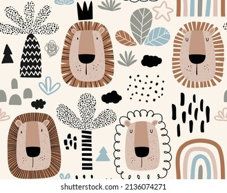 Seamless pattern with cute cartoon lion.