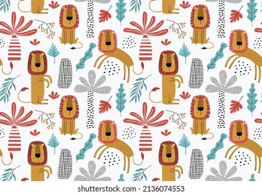 Seamless pattern with cute cartoon lion.