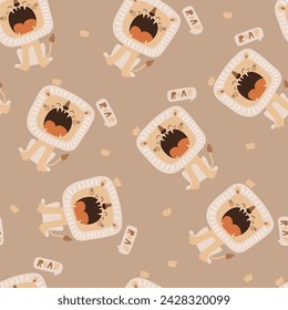 Seamless pattern with Cute cartoon lion. Vector hand drawn illustration.