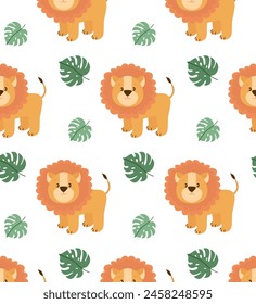 Seamless pattern with cute cartoon lion.