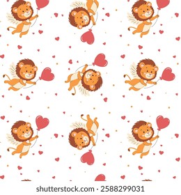 Seamless pattern with cute cartoon lion and hearts. Set for printing on children's products. Cute vector print, Vector illustration.