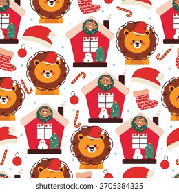 seamless pattern cute cartoon lion with christmas element drawing